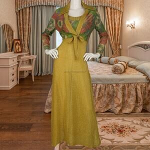 70s Vintage Metallic Floral Prom Party Cocktail Evening Gown Dress Jacket S